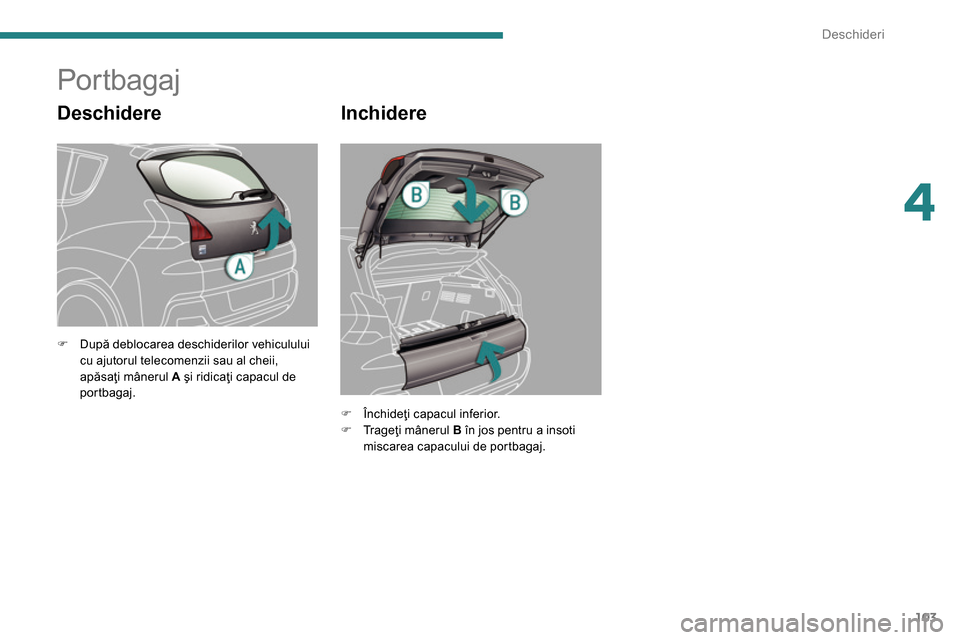 Peugeot 3008 Hybrid 4 2014  Manualul de utilizare (in Romanian) 4
Deschideri
103
   
Deschidere 
 
 
 
 
 
 
 
 
 
 
 
 
 
 
 
Por tbagaj 
 
 
Inchidere 
 
 
 
�) 
 Închideţi capacul inferior. 
   
�) 
 Tr a g eţi mânerul  B 
 în jos pentru a insoti 
miscarea