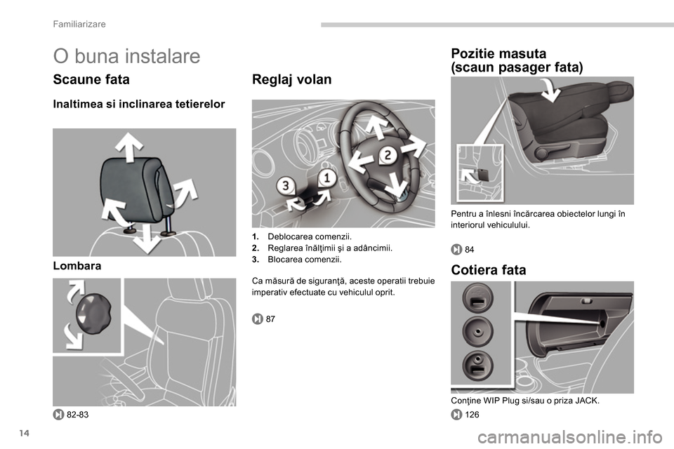 Peugeot 3008 Hybrid 4 2014  Manualul de utilizare (in Romanian) 82-83
87
126
84
Familiarizare
14
  O buna instalare 
 
 
Scaune fata 
 
 
Inaltimea si inclinarea tetierelor  
   
Lombara  
 
 
 
Reglaj volan 
 
 
 
1. 
 Deblocarea comenzii. 
   
2. 
 Reglarea în