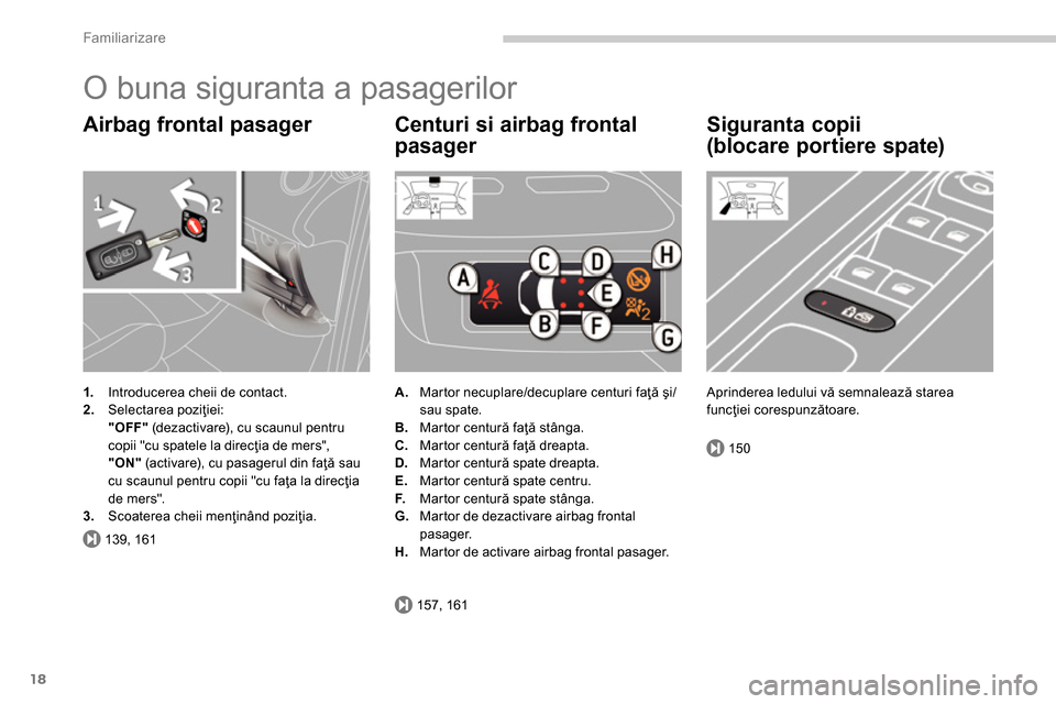 Peugeot 3008 Hybrid 4 2014  Manualul de utilizare (in Romanian) 139, 161
157, 161
150
Familiarizare
18
  O buna siguranta a pasagerilor 
 
 
Airbag frontal pasager 
 
 
 
1. 
  Introducerea cheii de contact. 
   
2. 
 Selectarea poziţiei:  
  "OFF" 
 (dezactivare