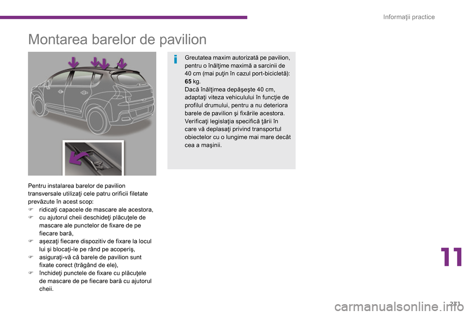 Peugeot 3008 Hybrid 4 2014  Manualul de utilizare (in Romanian) 11
Informaţii practice
231
   
 
 
 
 
 
 
 
 
 
 
Montarea barelor de pavilion 
 
 
Pentru instalarea barelor de pavilion 
transversale utilizaţi cele patru orificii filetate 
prevăzute în acest 