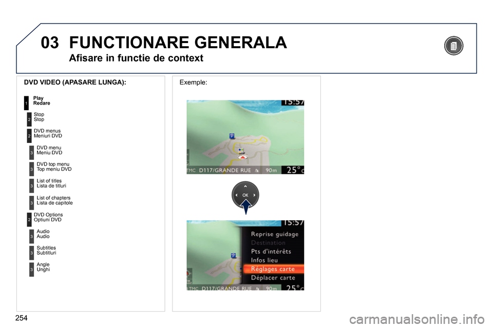 Peugeot 3008 Hybrid 4 2014  Manualul de utilizare (in Romanian) 03
254
3
3
  DVD menu
Meniu DVD 
  DVD top menu
Top meniu DVD 
3  List of titles
Lista de titluri 
3  List of chapters
Lista de capitole 
   
DVD VIDEO (APASARE LUNGA): 
 
 
Play 
Redare 1
  FUNCTIONA