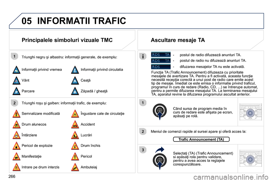 Peugeot 3008 Hybrid 4 2014  Manualul de utilizare (in Romanian) 05
2ABC3DEF5JKL4GHI6MNO8TUV7PQRS9WXYZ0*#
1RADIO MEDIANAV TRAFFIC
SETUPADDR
BOOK
2ABC3DEF5JKL4GHI6MNO8TUV7PQRS9WXYZ0*#
1RADIO MEDIANAV TRAFFIC
SETUPADDR
BOOK
266
  INFORMATII TRAFIC 
 
 
 
 
 
 
 
Prin