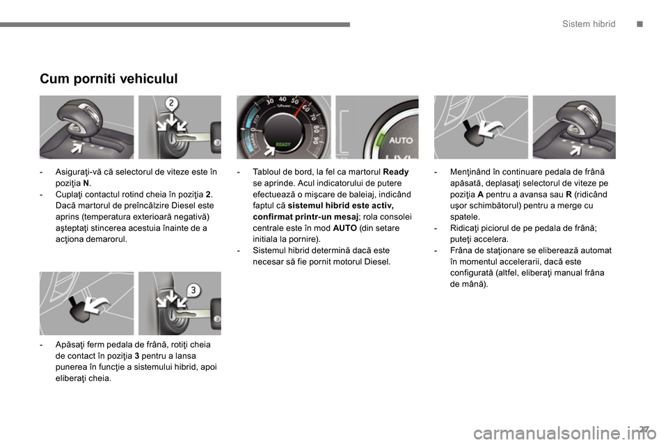 Peugeot 3008 Hybrid 4 2014  Manualul de utilizare (in Romanian) .Sistem hibrid
27
   
 
 
 
 
 
 
 
 
 
 
 
 
Cum porniti vehiculul 
 
 
 
-  Asiguraţi-vă că selectorul de viteze este în 
poziţia  N 
. 
   
-  Cuplaţi contactul rotind cheia în poziţia  2 
