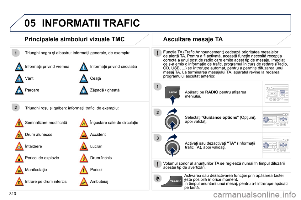 Peugeot 3008 Hybrid 4 2014 Manualul de utilizare (in Romanian) 05
310
Principalele simboluri vizuale TMC
Triunghi roşu şi galben: informaţii trafi c, de exemplu:
Triunghi negru şi albastru: informaţii generale, de exemplu:
Informa Peugeot 3008 Hybrid 4 2014 Manualul de utilizare (in Romanian) 05
310
Principalele simboluri vizuale TMC
Triunghi roşu şi galben: informaţii trafi c, de exemplu:
Triunghi negru şi albastru: informaţii generale, de exemplu:
Informa