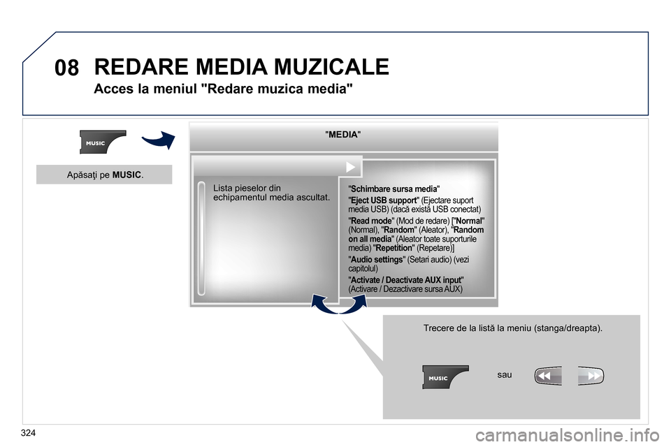 Peugeot 3008 Hybrid 4 2014  Manualul de utilizare (in Romanian) 08
324   
" MEDIA 
"  
 
 
" Schimbare sursa media 
"  " Eject USB support 
" (Ejectare suport 
media USB) (dacă există USB conectat) 
  " Read mode 
" (Mod de redare) [" Normal 
" 
(Normal), " Rand