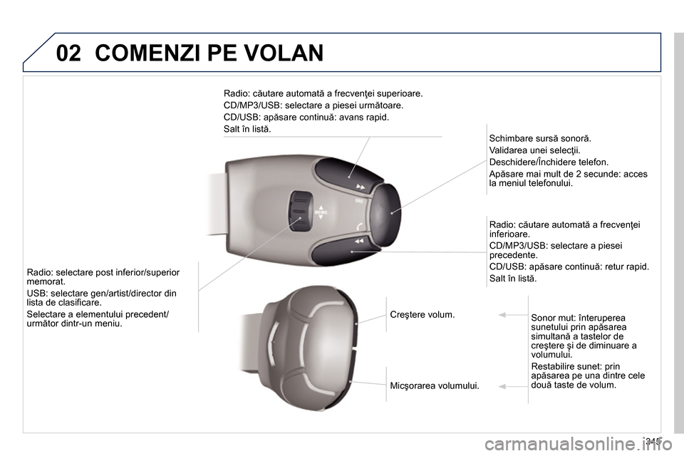 Peugeot 3008 Hybrid 4 2014 Manualul de utilizare (in Romanian) 02
345
COMENZI PE VOLAN
Radio: căutare automată a frecvenţei superioare.
CD/MP3/USB: selectare a piesei următoare.
CD/USB: apăsare continuă: avans rapid.
Salt în listă.
S Peugeot 3008 Hybrid 4 2014 Manualul de utilizare (in Romanian) 02
345
COMENZI PE VOLAN
Radio: căutare automată a frecvenţei superioare.
CD/MP3/USB: selectare a piesei următoare.
CD/USB: apăsare continuă: avans rapid.
Salt în listă.
S