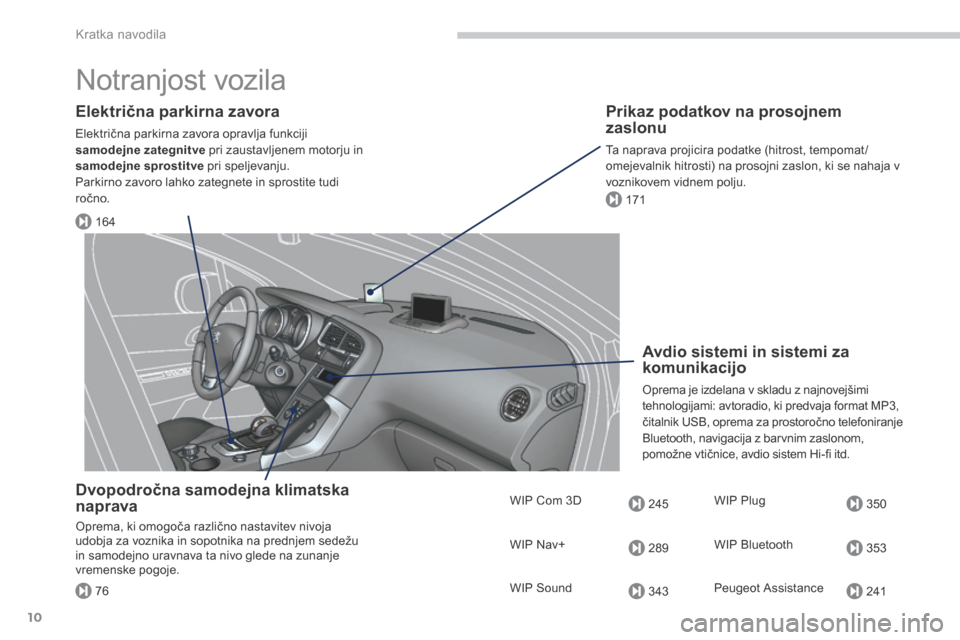 Peugeot 3008 Hybrid 4 2014  Priročnik za lastnika (in Slovenian) 164
171
245
289
343
350
353
24176
Kratka navodila
10
 Notranjost  vozila  
  Električna parkirna zavora 
 Električna parkirna zavora opravlja funkciji samodejne zategnitve  pri zaustavljenem motorju