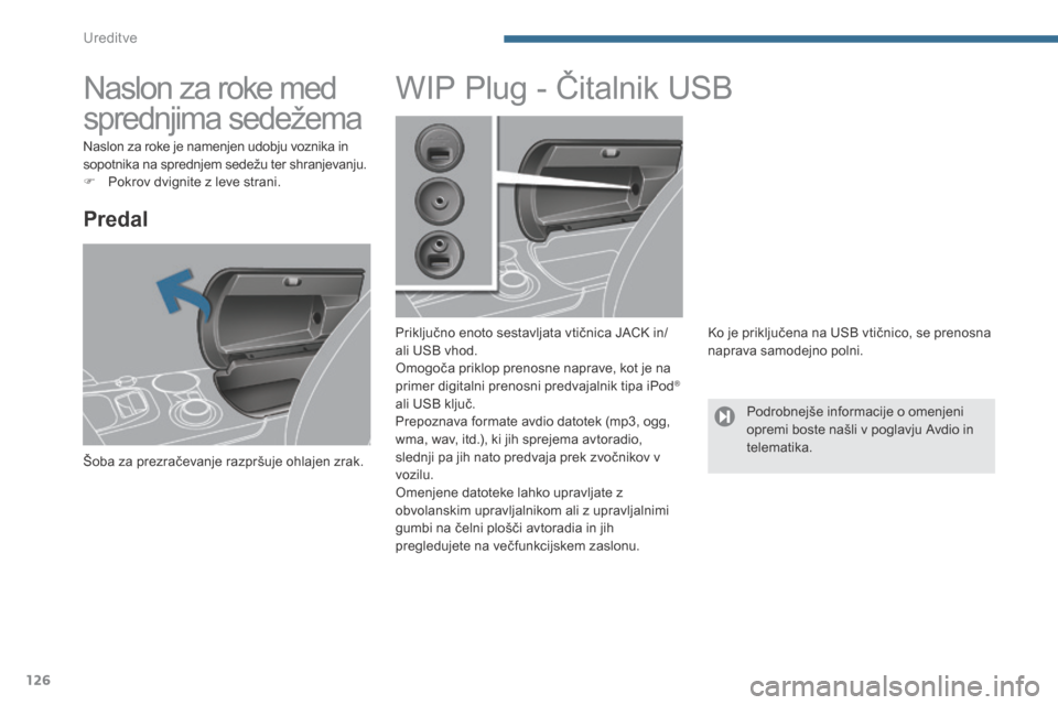 Peugeot 3008 Hybrid 4 2014  Priročnik za lastnika (in Slovenian) Ureditve
126
         Naslon za roke med  
sprednjima sedežema  
  Predal 
 Šoba za prezračevanje razpršuje ohlajen zrak.  
               WIP Plug - Čitalnik USB 
  Priključno enoto sestavljata