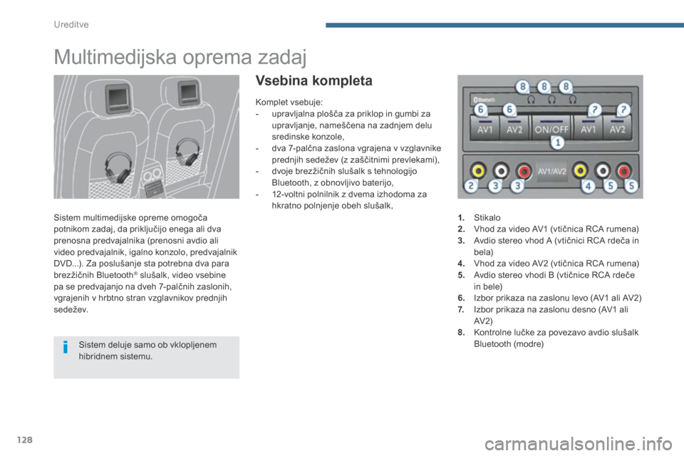 Peugeot 3008 Hybrid 4 2014  Priročnik za lastnika (in Slovenian) Ureditve
128
      
Multimedijska oprema zadaj 
  Sistem multimedijske opreme omogoča potnikom zadaj, da priključijo enega ali dva prenosna predvajalnika (prenosni avdio ali video predvajalnik, igal
