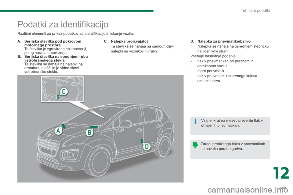 Peugeot 3008 Hybrid 4 2014 Priročnik za lastnika (in Slovenian) 12
Tehnični podatki239
Podatki za identifi kacijo
A. Serijska številka pod pokrovom motornega prostora Ta številka je vgravirana na karoseriji, poleg nosilca amor Peugeot 3008 Hybrid 4 2014 Priročnik za lastnika (in Slovenian) 12
Tehnični podatki239
Podatki za identifi kacijo
A. Serijska številka pod pokrovom motornega prostora Ta številka je vgravirana na karoseriji, poleg nosilca amor