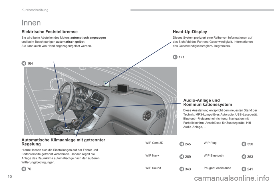 Peugeot 3008 Hybrid 4 2013.5 Betriebsanleitung (in German) 164
171
245
289
343
350
353
24176
Kurzbeschreibung
10
Innen
Elektrische Feststellbremse
Sie wird beim Abstellen des Motors automatisch angezogenund beim Beschleunigen automatisch gelöst . Peugeot 3008 Hybrid 4 2013.5 Betriebsanleitung (in German) 164
171
245
289
343
350
353
24176
Kurzbeschreibung
10
Innen
Elektrische Feststellbremse
Sie wird beim Abstellen des Motors automatisch angezogenund beim Beschleunigen automatisch gelöst .