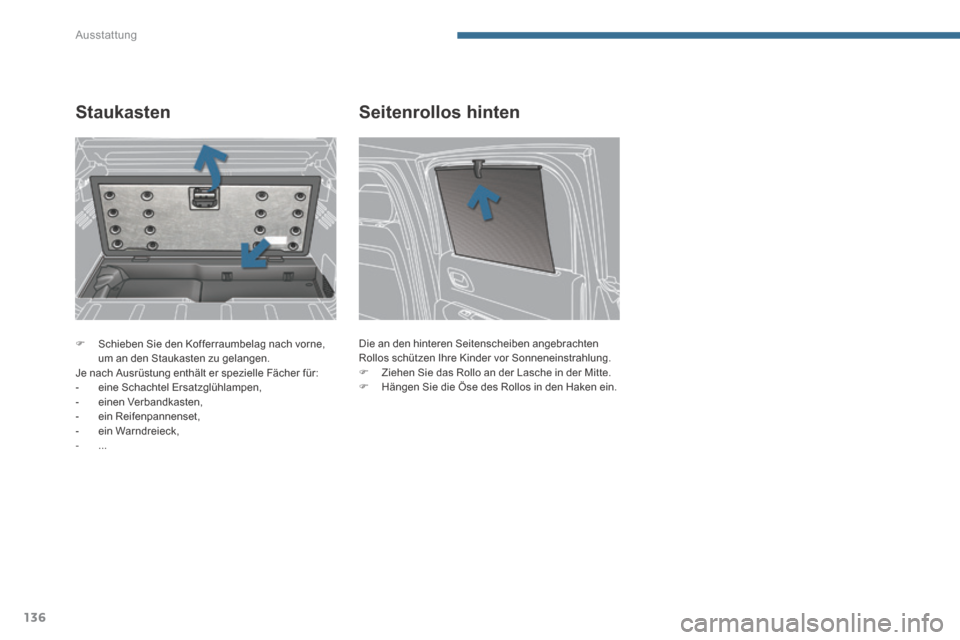 Peugeot 3008 Hybrid 4 2013.5 Betriebsanleitung (in German) Ausstattung
136
Schieben Sie den Kofferraumbelag nach vorne, um an den Staukasten zu gelangen. Je nach Ausrüstung enthält er spezielle Fächer für: - eine Schachtel Ersatzglühlampen Peugeot 3008 Hybrid 4 2013.5 Betriebsanleitung (in German) Ausstattung
136
Schieben Sie den Kofferraumbelag nach vorne, um an den Staukasten zu gelangen. Je nach Ausrüstung enthält er spezielle Fächer für: - eine Schachtel Ersatzglühlampen