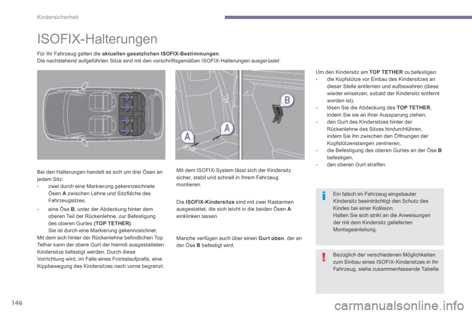 Peugeot 3008 Hybrid 4 2013.5 Betriebsanleitung (in German) Kindersicherheit
146
ISOFIX-Halterungen
Bei den Halterungen handelt es sich um drei Ösen an jedem Sitz: - zwei durch eine Markierung gekennzeichnete Ösen A zwischen Lehne Peugeot 3008 Hybrid 4 2013.5 Betriebsanleitung (in German) Kindersicherheit
146
ISOFIX-Halterungen
Bei den Halterungen handelt es sich um drei Ösen an jedem Sitz: - zwei durch eine Markierung gekennzeichnete Ösen A zwischen Lehne