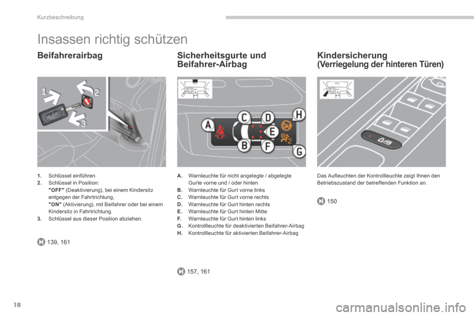 Peugeot 3008 Hybrid 4 2013.5  Betriebsanleitung (in German) 139, 161
157, 161
150
Kurzbeschreibung
18
 Insassen richtig schützen 
  Beifahrerairbag 
1.   Schlüssel  einführen 2.   Schlüssel  in  Position:      "OFF"  (Deaktivierung), bei einem Kindersitz e