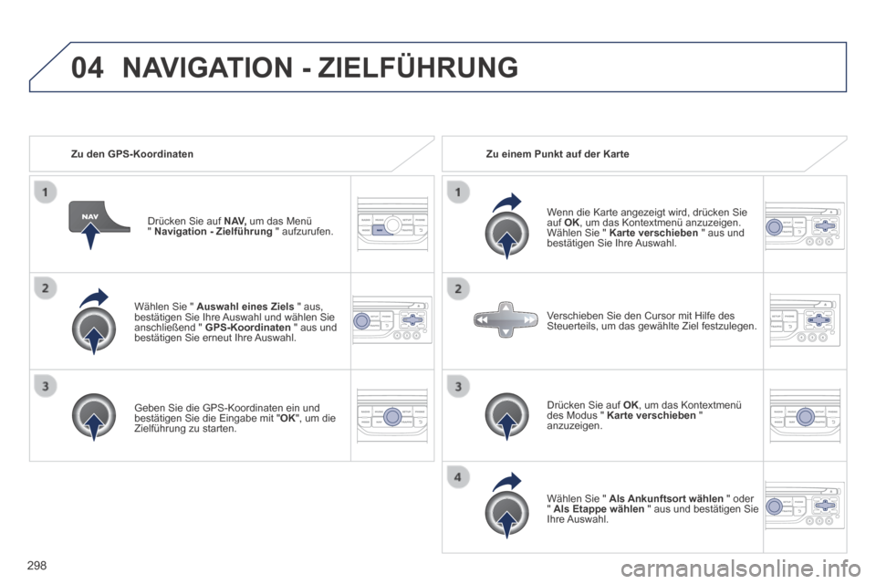 Peugeot 3008 Hybrid 4 2013.5  Betriebsanleitung (in German) 04
298
  Wählen Sie "  Auswahl eines Ziels  " aus, bestätigen Sie Ihre Auswahl und wählen Sie anschließend "  GPS-Koordinaten  " aus und bestätigen Sie erneut Ihre Auswahl.  
  Geben Sie die GPS-