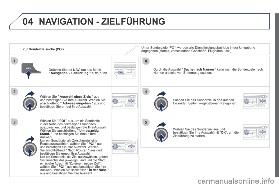 Peugeot 3008 Hybrid 4 2013.5  Betriebsanleitung (in German) 04
299
   Zur  Sonderzielsuche  (POI)  Unter Sonderziele (POI) werden alle Dienstleistungsbetriebe in der Umg\
ebung angegeben (Hotels, verschiedene Geschäfte, Flughäfen usw.).  
  Wählen Sie "  Au