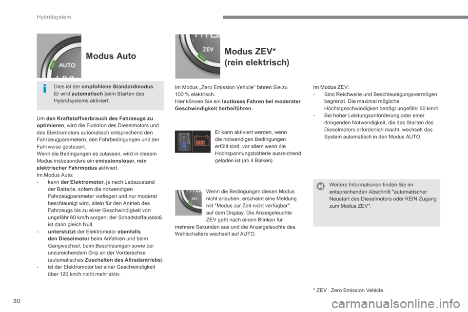 Peugeot 3008 Hybrid 4 2013.5  Betriebsanleitung (in German) Hybridsystem
30
  Modus  ZEV *     
(rein elektrisch) 
  Im Modus „ Zero Emission Vehicle“ fahren Sie zu 100 % elektrisch.  Hier können Sie ein  lautloses Fahren bei moderater Geschwindigkeit her