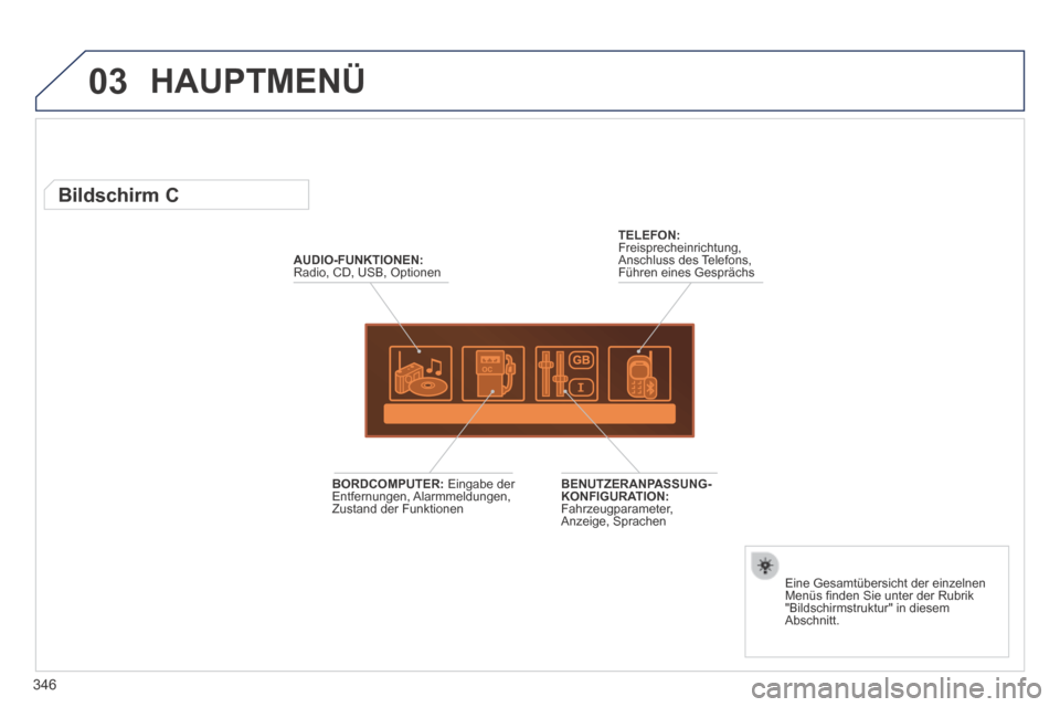 Peugeot 3008 Hybrid 4 2013.5  Betriebsanleitung (in German) 03
346
 HAUPTMENÜ 
AUDIO-FUNKTIONEN:Radio, CD, USB, Optionen  
          Bildschirm C 
  Eine Gesamtübersicht der einzelnen Menüs ﬁ nden Sie unter der Rubrik "Bildschirmstruktur" in diesem Abschn