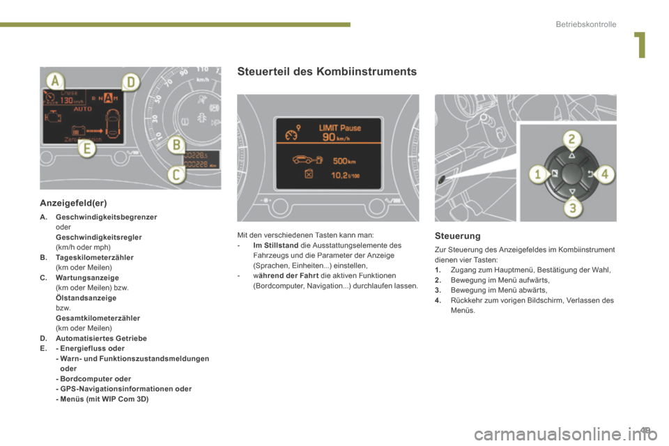 Peugeot 3008 Hybrid 4 2013.5  Betriebsanleitung (in German) 1
Betriebskontrolle
49
  Anzeigefeld(er) 
A.    Geschwindigkeitsbegrenzer     Geschwindigkeitsbegrenzer     Geschwindigkeitsbegrenzer  oder       Geschwindigkeitsregler      Geschwindigkeitsregler    