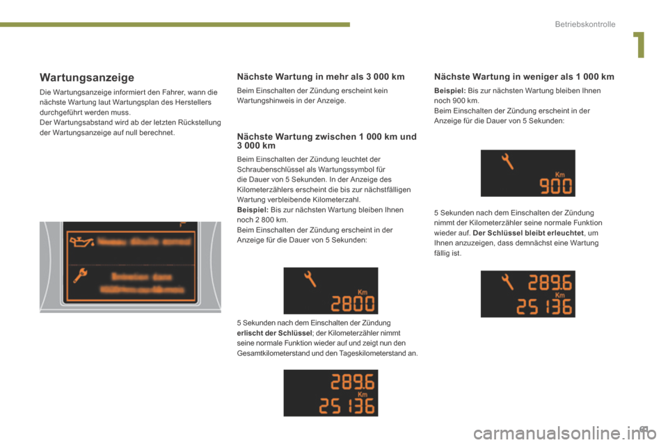 Peugeot 3008 Hybrid 4 2013.5  Betriebsanleitung (in German) 1
Betriebskontrolle
61
      Wartungsanzeige 
 Die War tungsanzeige informier t den Fahrer, wann die nächste War tung laut War tungsplan des Herstellers durchgeführ t werden muss.  Der War tungsabst