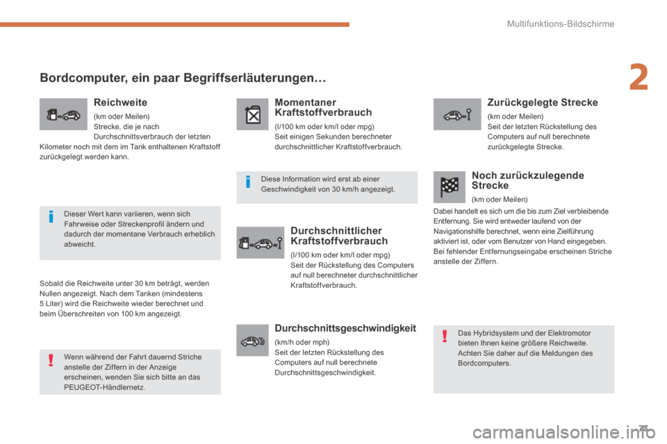 Peugeot 3008 Hybrid 4 2013.5  Betriebsanleitung (in German) 2
Multifunktions-Bildschirme73
Bordcomputer, ein paar Begriffserläuterungen… 
  Sobald die Reichweite unter 30 km beträgt, werden Nullen angezeigt. Nach dem Tanken (mindestens 5 Liter) wird die Re
