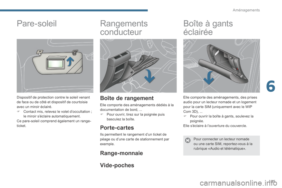 Peugeot 3008 Hybrid 4 2013.5 Manuel du propriétaire (in French) 6
Aménagements125
Rangements
conducteur
Boîte de rangement
Elle comporte des aménagements dédiés à la documentation de bord, ... Pour ouvrir, tirez sur la poignée puis basc Peugeot 3008 Hybrid 4 2013.5 Manuel du propriétaire (in French) 6
Aménagements125
Rangements
conducteur
Boîte de rangement
Elle comporte des aménagements dédiés à la documentation de bord, ... Pour ouvrir, tirez sur la poignée puis basc