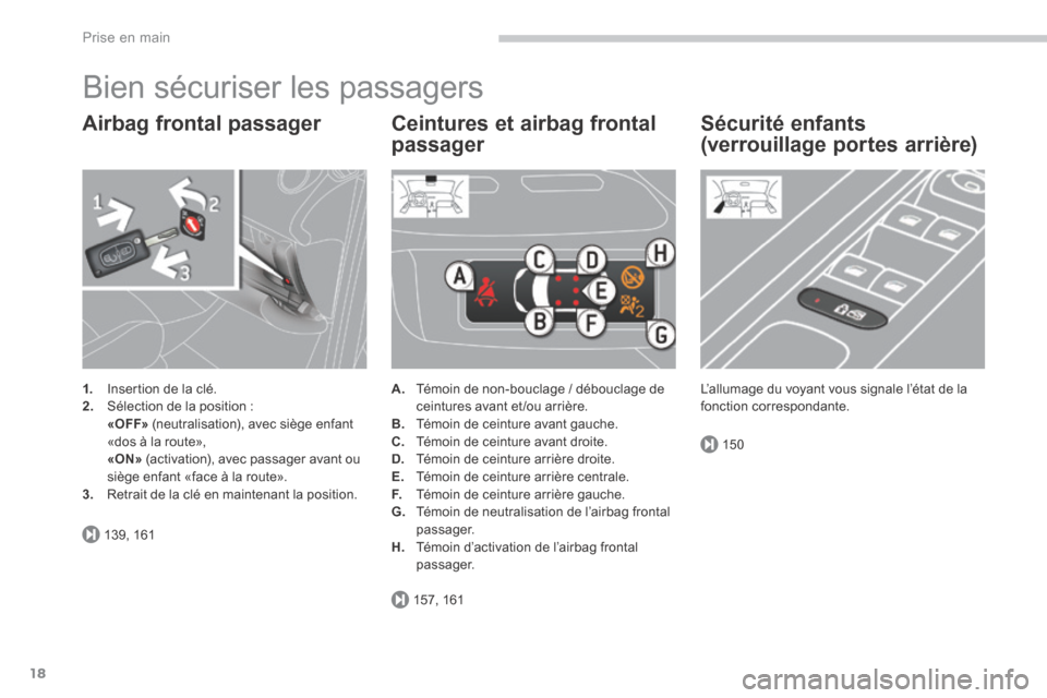 Peugeot 3008 Hybrid 4 2013.5  Manuel du propriétaire (in French) 139, 161
157, 161
150
Prise en main
18
 Bien sécuriser les passagers 
  Airbag  frontal  passager 
1.   Insertion de la clé. 2.   Sélection de la position :    «OFF»  (neutralisation), avec sièg