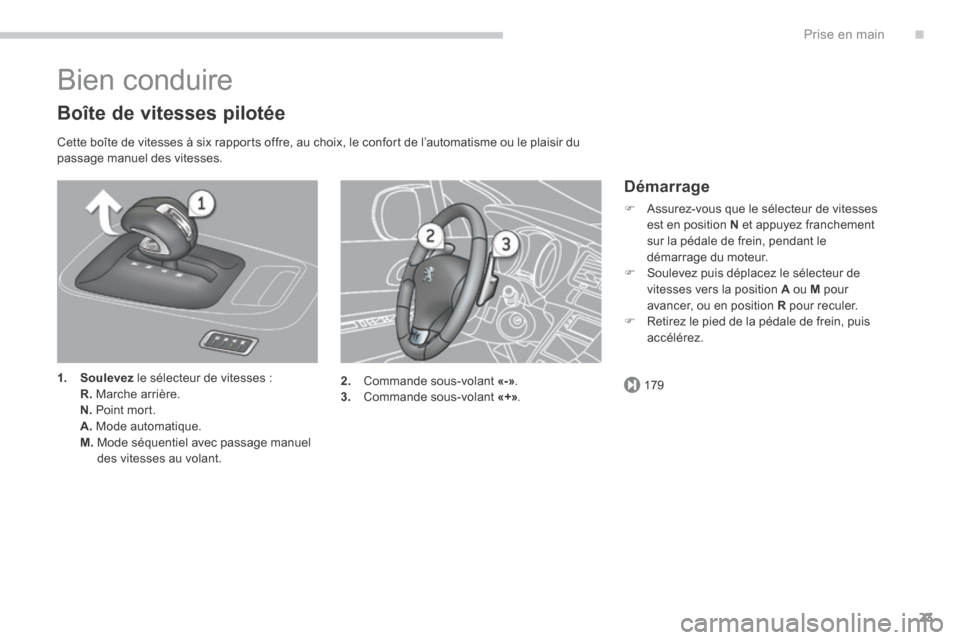 Peugeot 3008 Hybrid 4 2013.5  Manuel du propriétaire (in French) .
179
Prise en main23
 Bien  conduire 
  Boîte de vitesses pilotée 
  Cette boîte de vitesses à six rapports offre, au choix, le confort de l’automatisme ou le plaisir du passage manuel des vite
