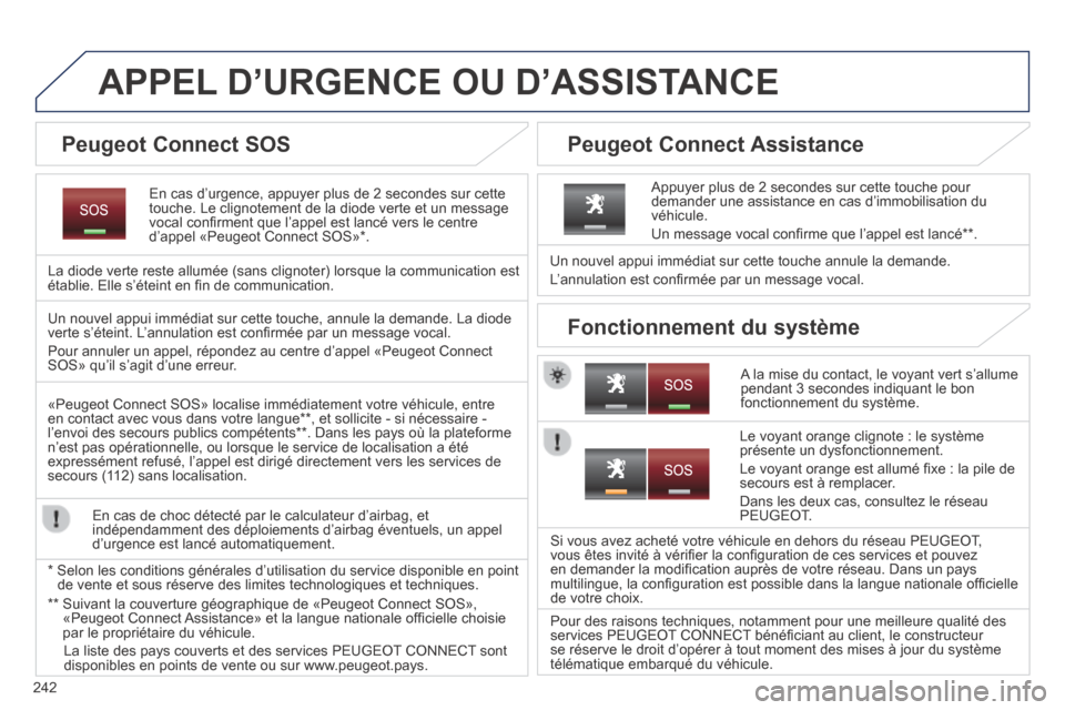 Peugeot 3008 Hybrid 4 2013.5 Manuel du propriétaire (in French) 242
APPEL D’URGENCE OU D’ASSISTANCE
En cas d’urgence, appuyer plus de 2 secondes sur cette touche. Le clignotement de la diode verte et un message vocal confi rment que l’appel est lancé Peugeot 3008 Hybrid 4 2013.5 Manuel du propriétaire (in French) 242
APPEL D’URGENCE OU D’ASSISTANCE
En cas d’urgence, appuyer plus de 2 secondes sur cette touche. Le clignotement de la diode verte et un message vocal confi rment que l’appel est lancé