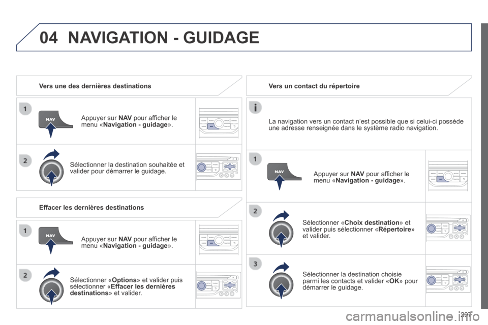 Peugeot 3008 Hybrid 4 2013.5 Manuel du propriétaire (in French) 04
297
Vers une des dernières destinations
Appuyer sur N AV pour affi cher le menu « Navigation - guidage ».
Sélectionner la destination souhaitée et valider pour démarrer le Peugeot 3008 Hybrid 4 2013.5 Manuel du propriétaire (in French) 04
297
Vers une des dernières destinations
Appuyer sur N AV pour affi cher le menu « Navigation - guidage ».
Sélectionner la destination souhaitée et valider pour démarrer le