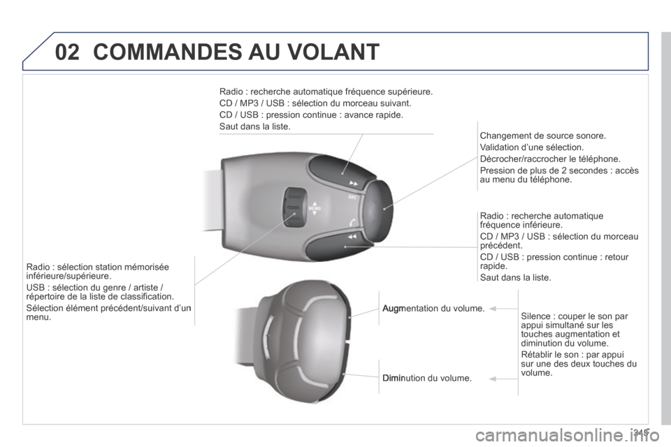 Peugeot 3008 Hybrid 4 2013.5 Manuel du propriétaire (in French) 02
345
COMMANDES AU VOLANT
Radio : recherche automatique fréquence supérieure.
CD / MP3 / USB : sélection du morceau suivant.
CD / USB : pression continue : avance rapide.
Saut dans la Peugeot 3008 Hybrid 4 2013.5 Manuel du propriétaire (in French) 02
345
COMMANDES AU VOLANT
Radio : recherche automatique fréquence supérieure.
CD / MP3 / USB : sélection du morceau suivant.
CD / USB : pression continue : avance rapide.
Saut dans la