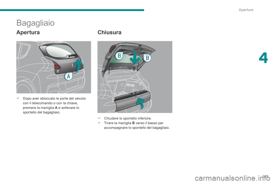 Peugeot 3008 Hybrid 4 2013.5 Manuale del proprietario (in Italian) 4
Aperture103
Apertura
Bagagliaio
Chiusura
Chiudere lo sportello inferiore. Tirare la maniglia B verso il basso per accompagnare lo sportello del bagagliaio.
Peugeot 3008 Hybrid 4 2013.5 Manuale del proprietario (in Italian) 4
Aperture103
Apertura
Bagagliaio
Chiusura
Chiudere lo sportello inferiore. Tirare la maniglia B verso il basso per accompagnare lo sportello del bagagliaio.
