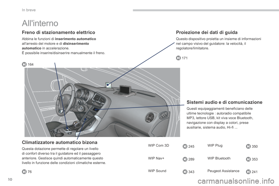 Peugeot 3008 Hybrid 4 2013.5  Manuale del proprietario (in Italian) 164
171
245
289
343
350
353
24176
In breve
10
 Allinterno  
  Freno di stazionamento elettrico 
 Abbina le funzioni di  inserimento automaticoallarresto del motore e di  disinserimento automatico  i