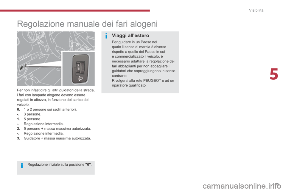 Peugeot 3008 Hybrid 4 2013.5 Manuale del proprietario (in Italian) 5
Visibilità115
Regolazione manuale dei fari alogeni
Per non infastidire gli altri guidatori della strada, i fari con lampade alogene devono essere regolati in altezza, in funzione del ca Peugeot 3008 Hybrid 4 2013.5 Manuale del proprietario (in Italian) 5
Visibilità115
Regolazione manuale dei fari alogeni
Per non infastidire gli altri guidatori della strada, i fari con lampade alogene devono essere regolati in altezza, in funzione del ca