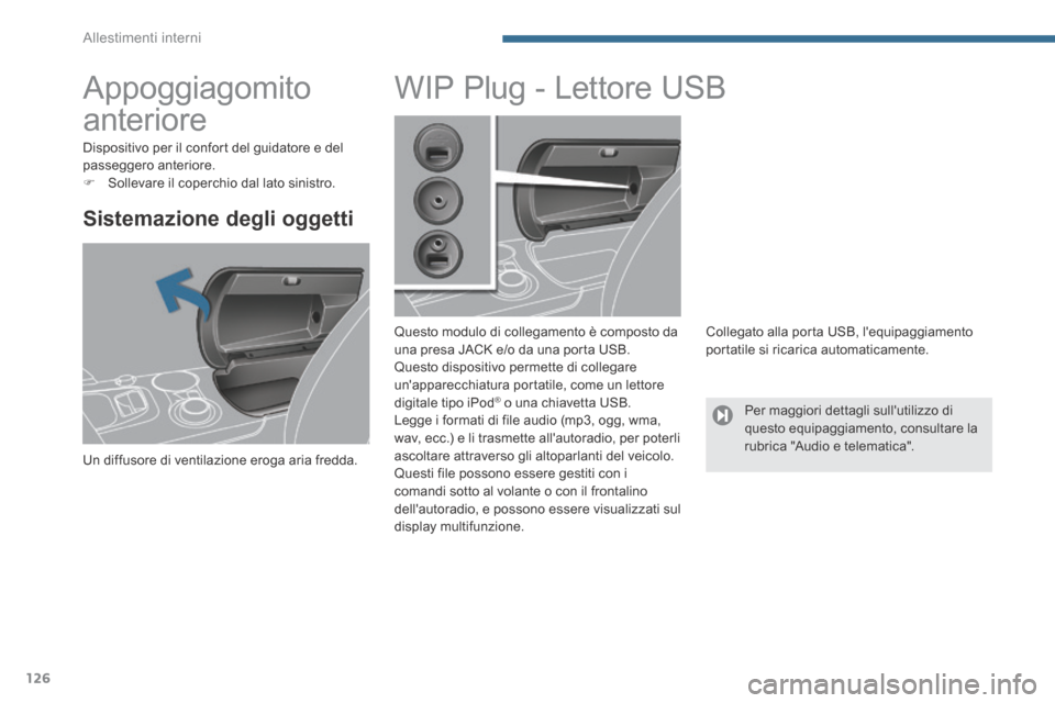 Peugeot 3008 Hybrid 4 2013.5  Manuale del proprietario (in Italian) Allestimenti interni
126
         Appoggiagomito 
anteriore 
  Sistemazione  degli  oggetti 
 Un diffusore di ventilazione eroga aria fredda.  
               WIP Plug - Lettore USB 
  Questo modulo d
