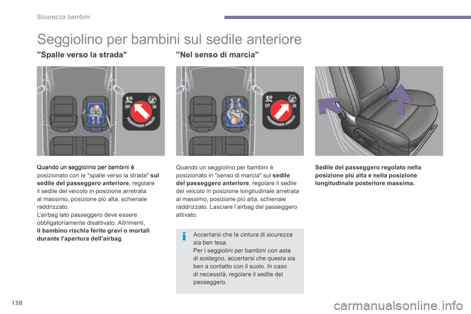 Peugeot 3008 Hybrid 4 2013.5  Manuale del proprietario (in Italian) Sicurezza bambini
138
         Seggiolino  per  bambini  sul  sedile  anteriore 
 Quando un seggiolino per bambini è posizionato con le "spalle verso la strada"  sul sedile del passeggero anteriore ,