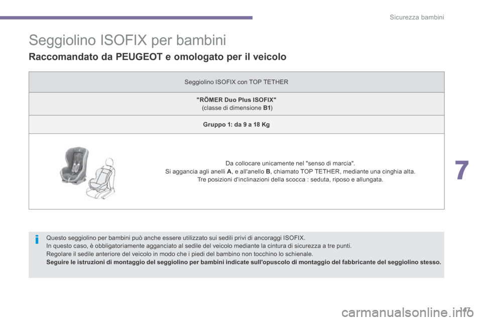 Peugeot 3008 Hybrid 4 2013.5 Manuale del proprietario (in Italian) 7
Sicurezza bambini147
Seggiolino ISOFIX per bambini
Raccomandato da PEUGEOT e omologato per il veicolo
Seggiolino ISOFIX con TOP TETHER
"RÖMER Duo Plus ISOFIX" (classe Peugeot 3008 Hybrid 4 2013.5 Manuale del proprietario (in Italian) 7
Sicurezza bambini147
Seggiolino ISOFIX per bambini
Raccomandato da PEUGEOT e omologato per il veicolo
Seggiolino ISOFIX con TOP TETHER
"RÖMER Duo Plus ISOFIX" (classe