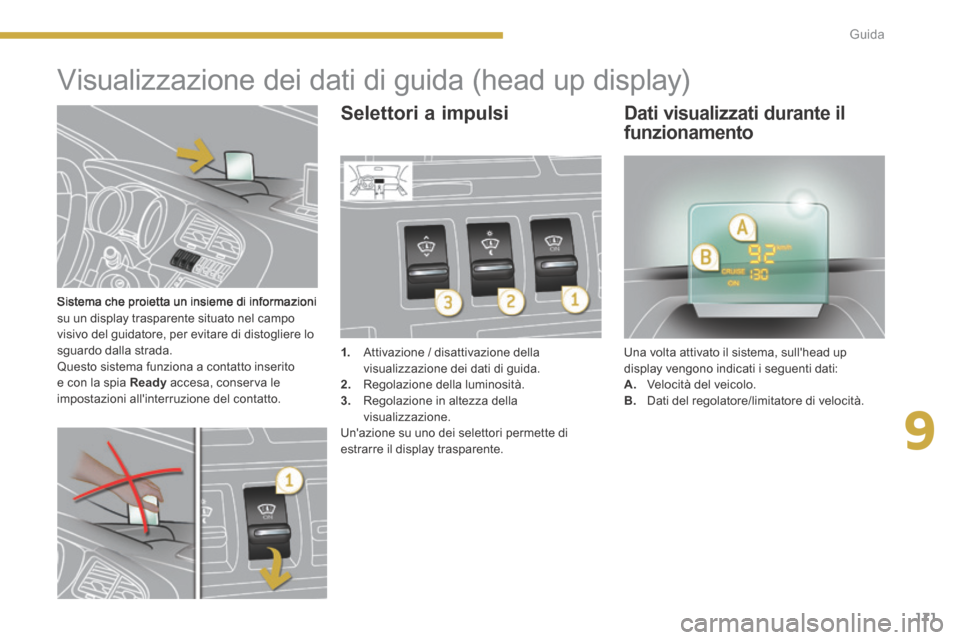 Peugeot 3008 Hybrid 4 2013.5 Manuale del proprietario (in Italian) 9
171
Guida
Sistema che proietta un insieme di informazioni su un display trasparente situato nel campo visivo del guidatore, per evitare di distogliere lo sguardo dalla strada. Questo sistema funz Peugeot 3008 Hybrid 4 2013.5 Manuale del proprietario (in Italian) 9
171
Guida
Sistema che proietta un insieme di informazioni su un display trasparente situato nel campo visivo del guidatore, per evitare di distogliere lo sguardo dalla strada. Questo sistema funz