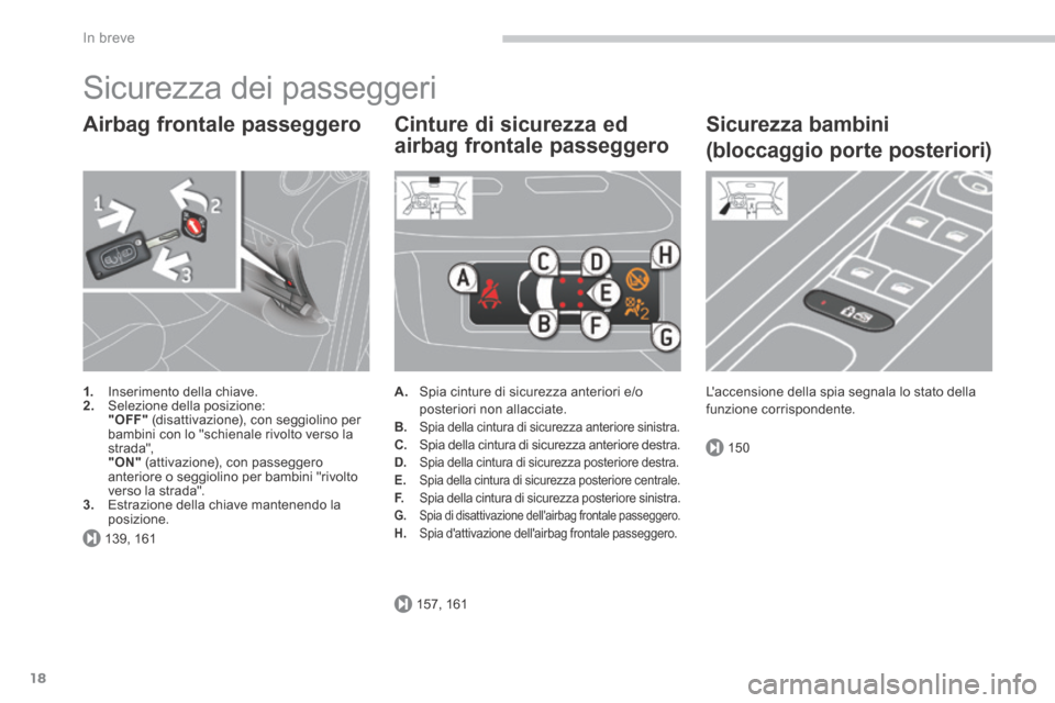 Peugeot 3008 Hybrid 4 2013.5  Manuale del proprietario (in Italian) 139, 161
157, 161
150
In breve
18
 Sicurezza dei passeggeri 
  Airbag  frontale  passeggero 
1.   Inserimento della chiave. 2.   Selezione  della  posizione:     "OFF"  (disattivazione), con seggiolin