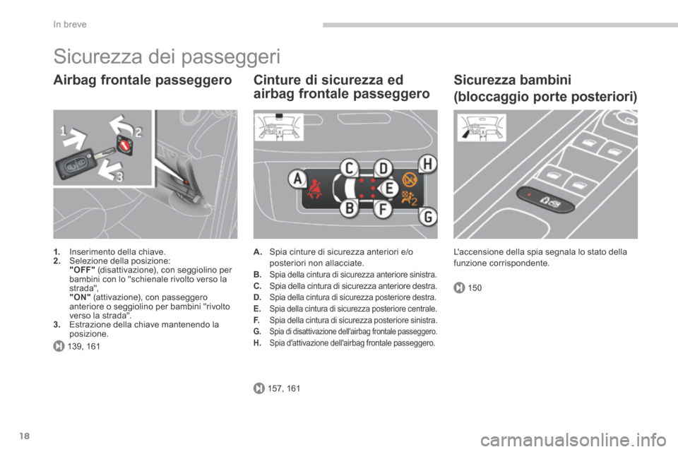 Peugeot 3008 Hybrid 4 2013.5 Manuale del proprietario (in Italian) 139, 161
157, 161
150
In breve
18
Sicurezza dei passeggeri
Airbag frontale passeggero
1. Inserimento della chiave. 2. Selezione della posizione: "OFF" (disattivazione), con seggiolin Peugeot 3008 Hybrid 4 2013.5 Manuale del proprietario (in Italian) 139, 161
157, 161
150
In breve
18
Sicurezza dei passeggeri
Airbag frontale passeggero
1. Inserimento della chiave. 2. Selezione della posizione: "OFF" (disattivazione), con seggiolin