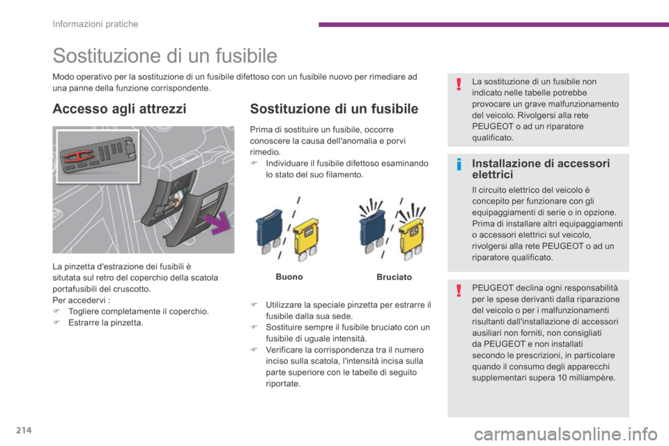 Peugeot 3008 Hybrid 4 2013.5  Manuale del proprietario (in Italian) Informazioni pratiche
214
  Accesso  agli  attrezzi   Sostituzione di un fusibile 
BuonoBruciato
   Utilizzare la speciale pinzetta per estrarre il fusibile dalla sua sede.    Sostituire sempre 