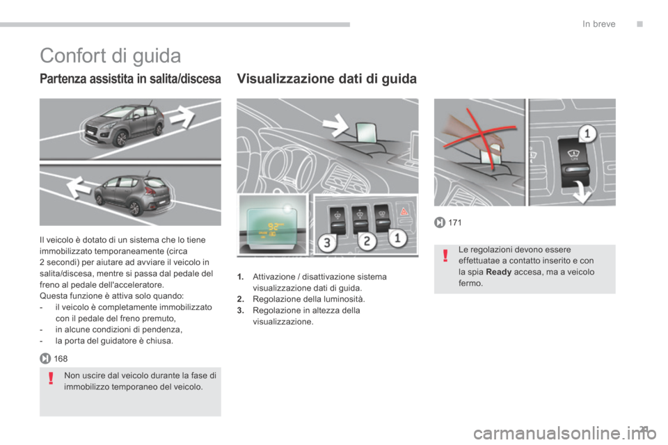 Peugeot 3008 Hybrid 4 2013.5 Manuale del proprietario (in Italian) .
171
168
In breve21
Visualizzazione dati di guida
1. Attivazione / disattivazione sistema visualizzazione dati di guida.
2. Regolazione della luminosità. 3. Regolazione in altezza della vi Peugeot 3008 Hybrid 4 2013.5 Manuale del proprietario (in Italian) .
171
168
In breve21
Visualizzazione dati di guida
1. Attivazione / disattivazione sistema visualizzazione dati di guida.
2. Regolazione della luminosità. 3. Regolazione in altezza della vi