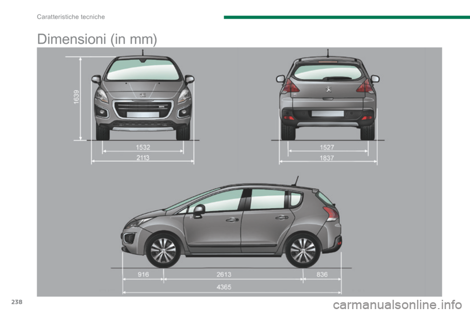 Peugeot 3008 Hybrid 4 2013.5  Manuale del proprietario (in Italian) Caratteristiche tecniche
238
      
Dimensioni (in mm)  