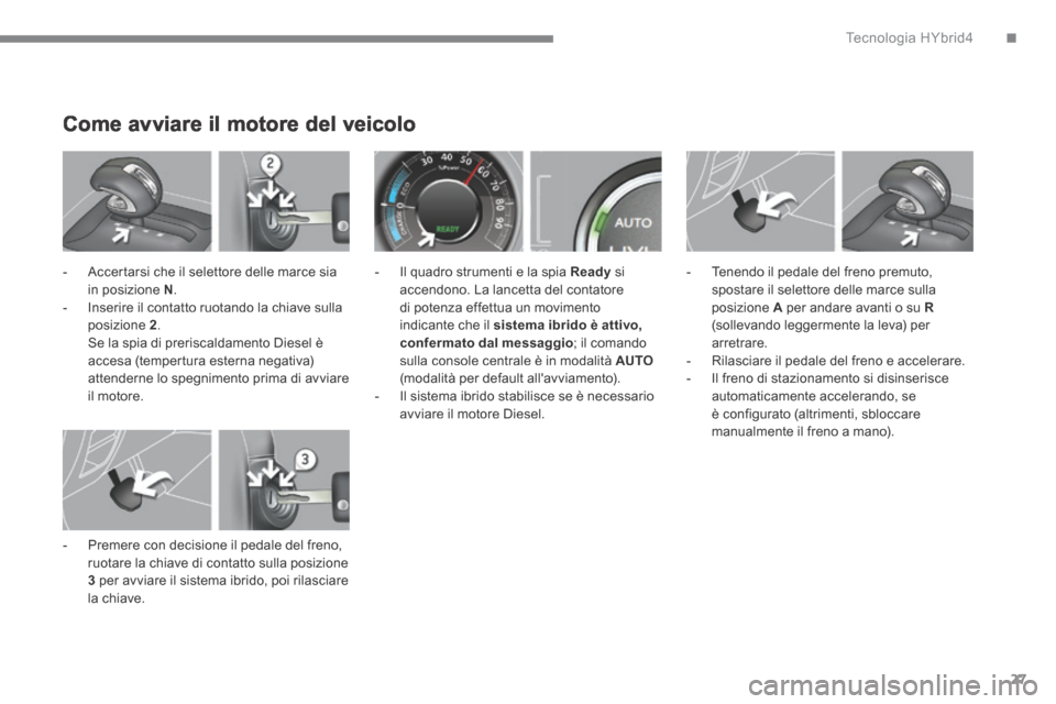Peugeot 3008 Hybrid 4 2013.5  Manuale del proprietario (in Italian) .Tecnologia HYbrid427
Come avviare il motore del veicolo 
   -   Accertarsi che il selettore delle marce sia in posizione  N .   -   Inserire il contatto ruotando la chiave sulla posizione  2 .    Se 