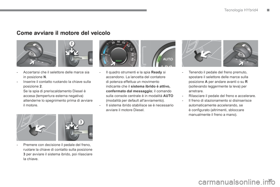 Peugeot 3008 Hybrid 4 2013.5 Manuale del proprietario (in Italian) .Tecnologia HYbrid427
Come avviare il motore del veicolo
- Accertarsi che il selettore delle marce sia in posizione N . - Inserire il contatto ruotando la chiave sulla posizione 2 . Se Peugeot 3008 Hybrid 4 2013.5 Manuale del proprietario (in Italian) .Tecnologia HYbrid427
Come avviare il motore del veicolo
- Accertarsi che il selettore delle marce sia in posizione N . - Inserire il contatto ruotando la chiave sulla posizione 2 . Se