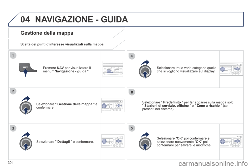 Peugeot 3008 Hybrid 4 2013.5 Manuale del proprietario (in Italian) 04
304
Premere N AV per visualizzare il menu " Navigazione - guida ".
Gestione della mappa
Scelta dei punti dinteresse visualizzati sulla mappa
Selezionare " Gestione della ma Peugeot 3008 Hybrid 4 2013.5 Manuale del proprietario (in Italian) 04
304
Premere N AV per visualizzare il menu " Navigazione - guida ".
Gestione della mappa
Scelta dei punti dinteresse visualizzati sulla mappa
Selezionare " Gestione della ma