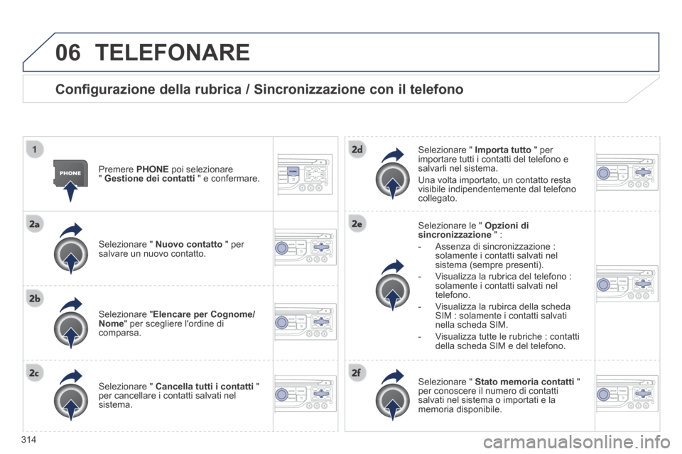 Peugeot 3008 Hybrid 4 2013.5  Manuale del proprietario (in Italian) 06
314
 TELEFONARE 
  Configurazione della rubrica / Sincronizzazione con il telefono 
  Premere   PHONE  poi selezionare "  Gestione dei contatti  " e confermare.  
  Selezionare  "   Nuovo contatto 