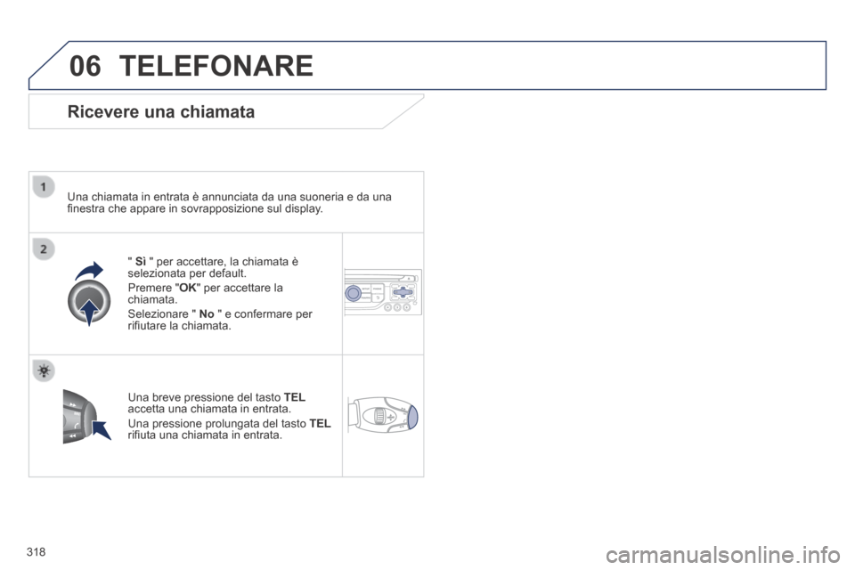 Peugeot 3008 Hybrid 4 2013.5  Manuale del proprietario (in Italian) 06
318
 TELEFONARE 
  Ricevere  una  chiamata 
  Una chiamata in entrata è annunciata da una suoneria e da una ﬁ nestra che appare in sovrapposizione sul display.  
  "   Sì  " per accettare, la c