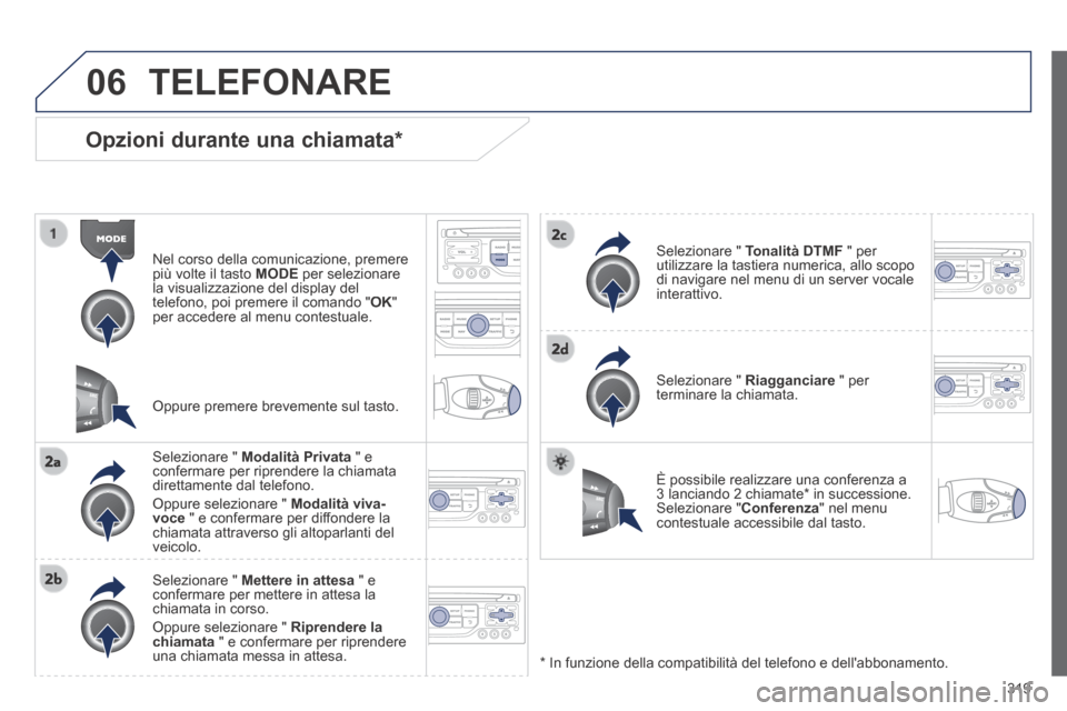 Peugeot 3008 Hybrid 4 2013.5  Manuale del proprietario (in Italian) 06
319
  Opzioni  durante  una  chiamata *  
  Nel corso della comunicazione, premere più volte il tasto  MODE  per selezionare la visualizzazione del display del telefono, poi premere il comando " O