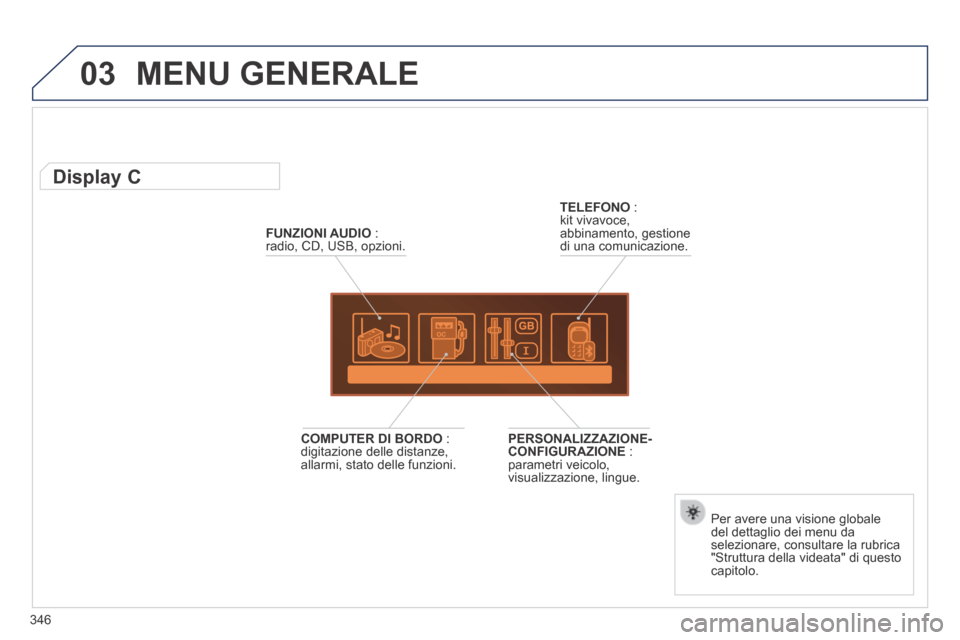 Peugeot 3008 Hybrid 4 2013.5  Manuale del proprietario (in Italian) 03
346
 MENU  GENERALE 
FUNZIONI AUDIO   : radio, CD, USB, opzioni.  
          Display C 
  Per avere una visione globale del dettaglio dei menu da selezionare, consultare la rubrica "Struttura della